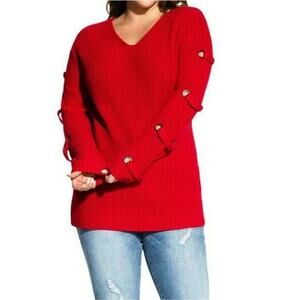 City Chic Sweater Plus 14 (14/XS) Jumper Eyelet Lace Sleeve Red Knit V-Neck 